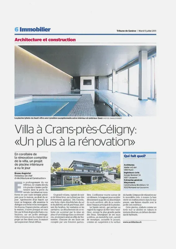 Tribune de Genève, architecture et construction 2011 - Article rénovation majeure d’une villa et d’une piscine intérieure à Crans-près-Céligny
